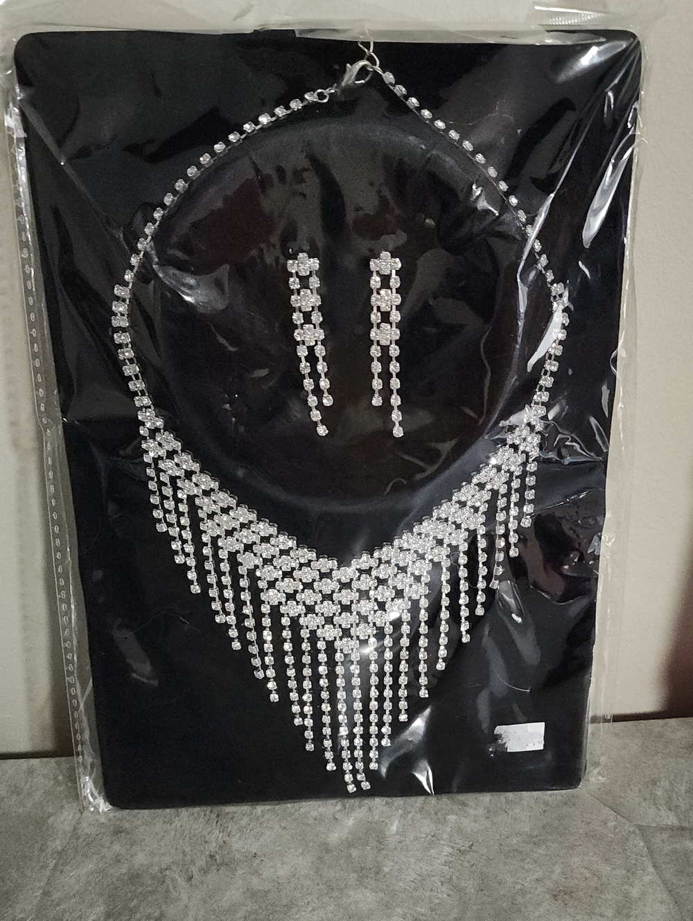 Crystal Fringe Statement Necklace and Earrings Set - Silver